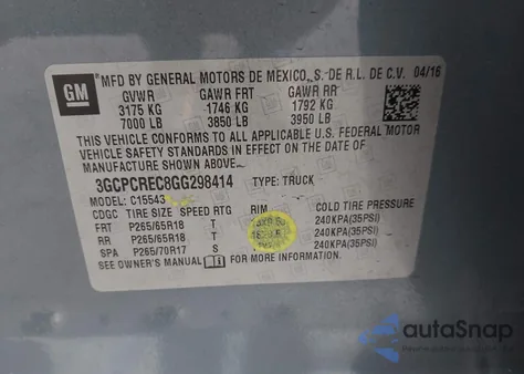 2016 Chevrolet Silverado 1500 1Lt из США, поврежденный, VIN 3GCPCREC8GG298414